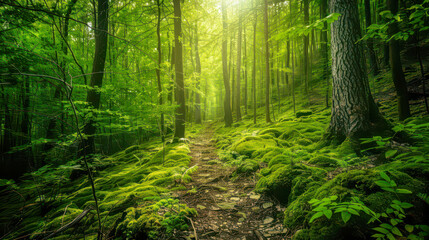 Obraz premium A beautiful, peaceful green forest with sun rays shining on it