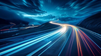 Obraz premium A highspeed road with blurred light trails, representing fast internet speed and data transfer in motion