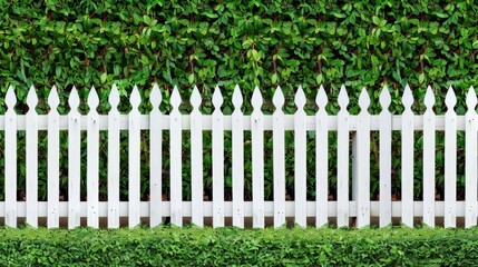 A white picket fence lines a manicured green hedge, creating a beautiful border between a private property and the public sidewalk