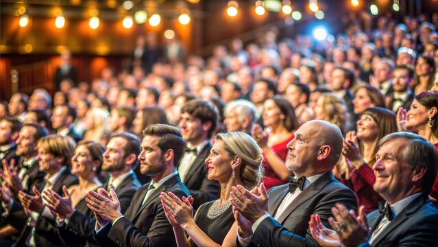 Award Ceremony Audience Blur: A blurred background of an audience at an award ceremony, with people applauding the winners.	
