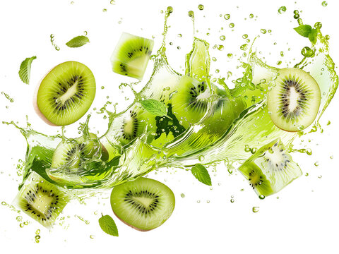 Photography of kiwi juice splash swirl, kiwi slices, floating isolated transparent background