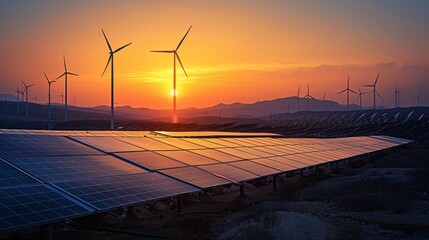 A photo of solar panels and wind turbines against the sky at sunset. Photovoltaic panels with sunlight