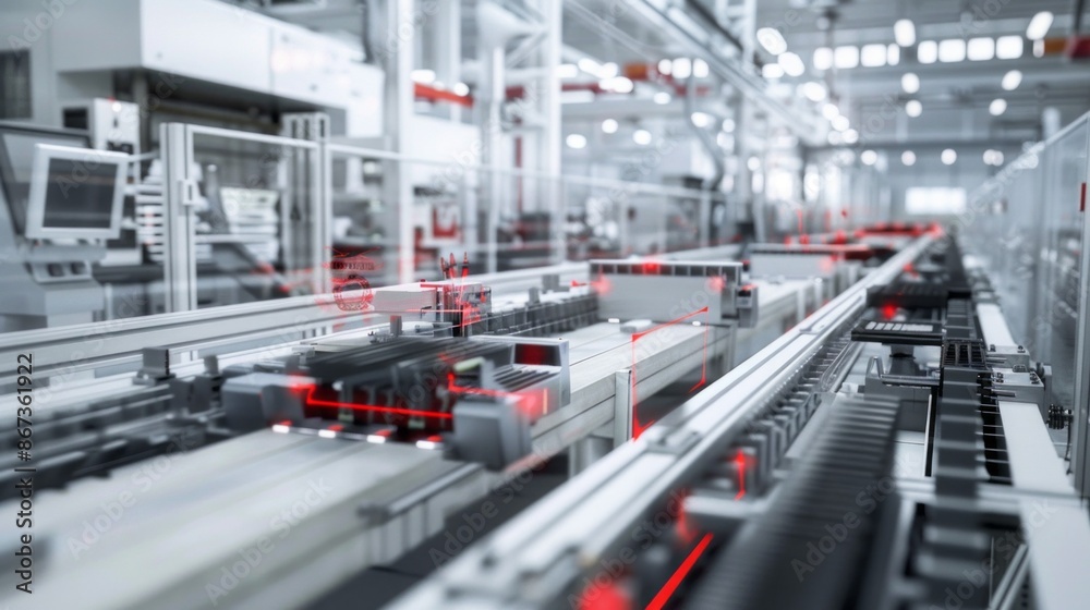 Aufkleber A close-up view of an automated assembly line in a modern factory, showcasing the precision and efficiency of high-tech manufacturing