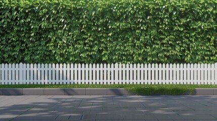 Fototapeta premium A white picket fence lines a manicured green hedge, creating a beautiful border between a private property and the public sidewalk