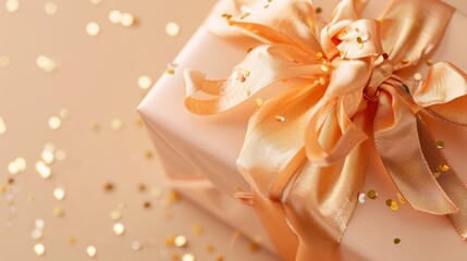 A close-up photograph captures a pastel peach gift box with a beautifully tied golden ribbon, lying on a surface scattered with golden confetti