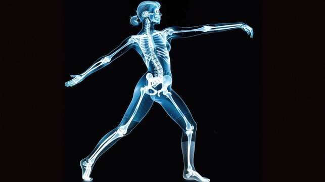 An x-ray of a human skeleton demonstrates a sports exercise. Anatomy of an athlete's body. Black background. Sporty training. Gymnastics, fitness, workout.