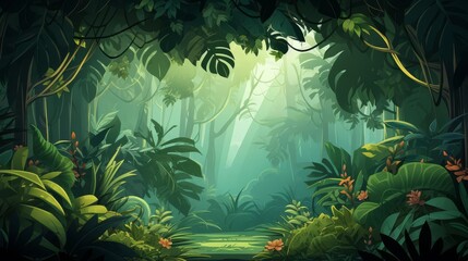 Jungle background with hanging vines, flat design, top view, tropical theme, cartoon drawing, colored pastel