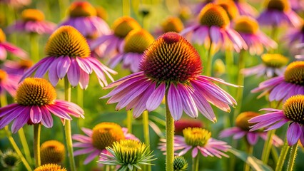 Fototapeta premium Vibrant purple and yellow echinacea cone flowers bloom in a lush green meadow, swaying gently in the breeze, capturing the beauty of summer's warm essence.
