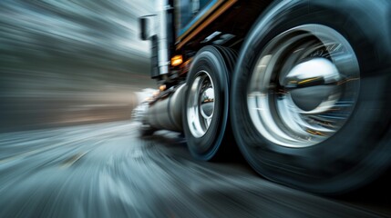 Semi Trucks tire in fast motion. Truck wheels on road