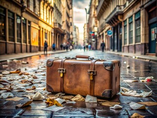 A worn suitcase sits alone on a bustling city street, surrounded by scraps of paper with foreign addresses, highlighting the journey of an international migrant.