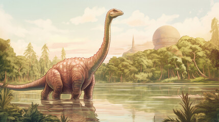 Obraz premium Illustration of a long-necked dinosaur standing in a prehistoric, lush landscape with a serene water body and distant mountains.