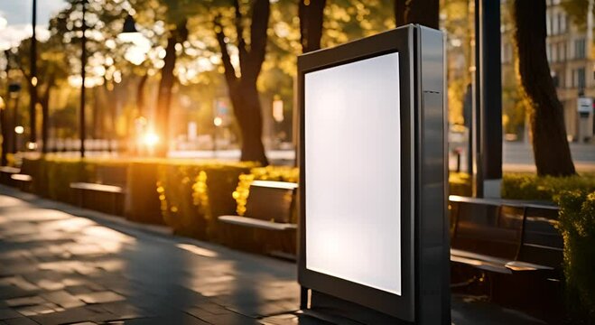 Vertical advertising light box mockup at bus stop glows softly