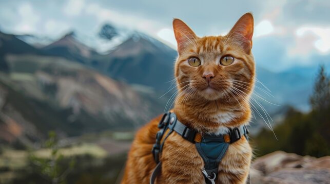 A close-up photo of a ginger cat wearing a harness and leash, looking at the camera with a mountain landscape blurred in the background