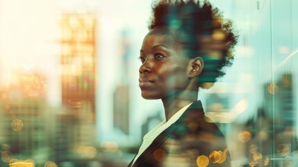 A double exposure portrait of a Black businesswoman in a sharp suit, with a blurred cityscape behind her. She is standing by a window and looking out over the city