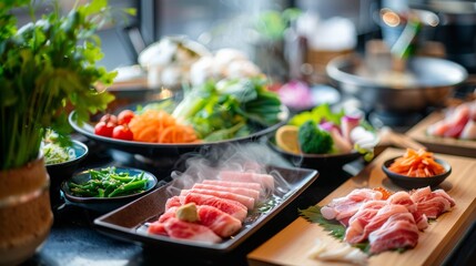 Obraz premium A stylish restaurant table set for shabu-shabu with a variety of fresh vegetables and thinly sliced meats ready for cooking.