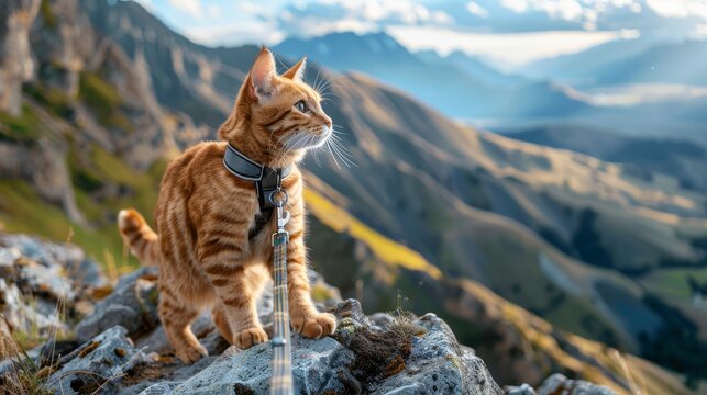 A low-angle shot of a tabby cat on a leash, gazing out at a majestic mountain range at sunset