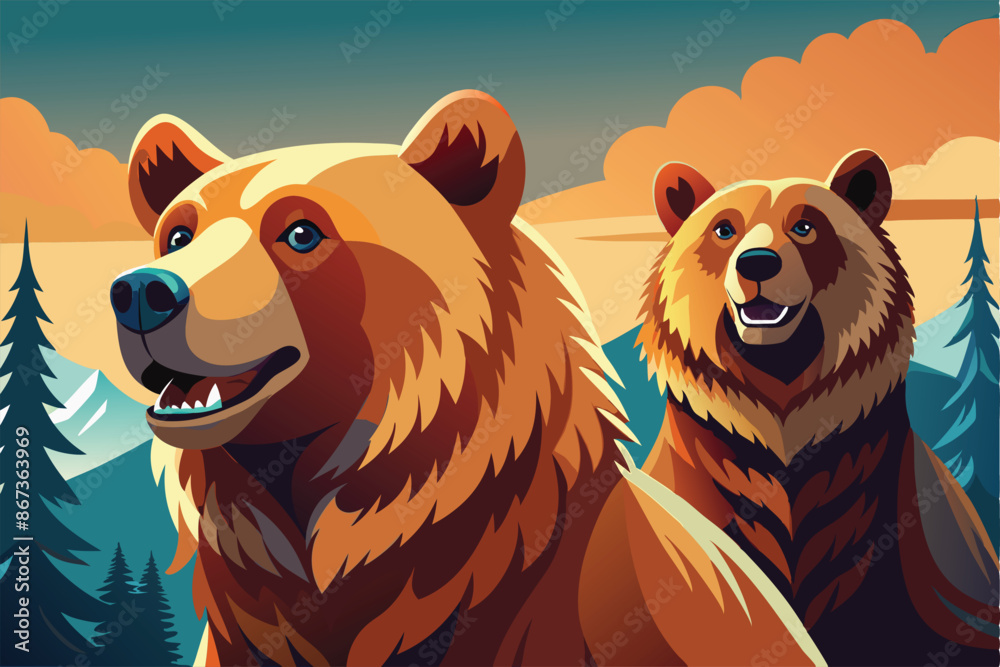 Wall mural two brown bears in the forest, vector illustration grizzly