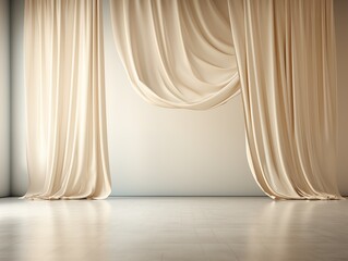 Beige curtain in empty room. Minimalistic interior for showing product. Mock up creative background. Pastel color. Studio shooting backdrop. Photo generated by AI technology