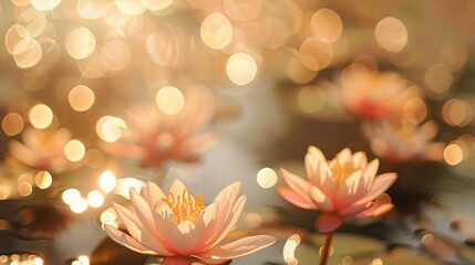 A dreamy and serene image of lotus flowers in a pond during golden hour, captured with a bokeh effect for a soft, ethereal feel