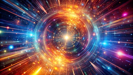 Vibrant cosmic tunnel with swirling lights, glowing particles, and warp speed trails, evoking a mesmerizing gateway to distant galaxies and alternate dimensions.