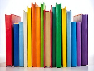 Vibrant books of diverse colors and titles stand together, symbolizing unity, love, and freedom, against a white background, celebrating individuality and pride in the LGBT community.