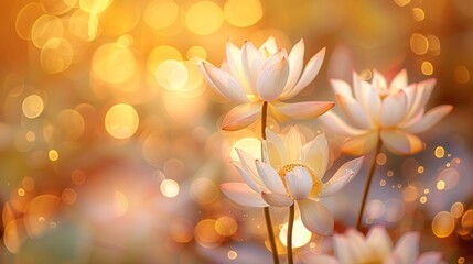 A warm and ethereal photograph of delicate lotus blossoms bathed in the soft glow of golden hour sunlight. The bokeh background creates a dreamy atmosphere