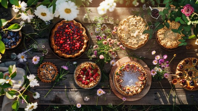 A rustic wooden picnic table is adorned with an assortment of freshly baked pies, surrounded by blooming flowers in a summer garden