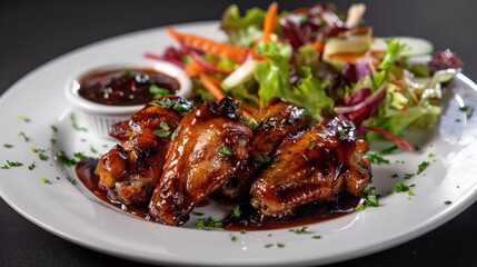 Caramelized Chicken Wings Served with Salad and BBQ Sauce on a White Plate against a Dark Background