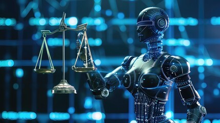 Robot holding scales of justice, representing AI and law.