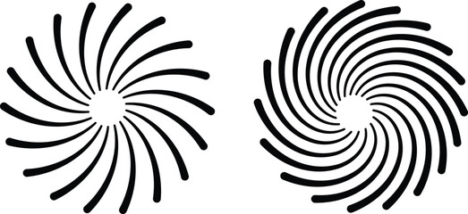 Radial sun burst. Black-white round sunburst icons. Starburst circles. Abstract stripes with center. Sunburst elements isolated on white background. Circular stars.