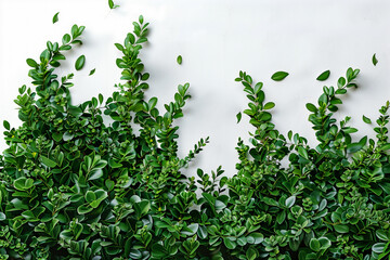 Obraz premium Vibrant green foliage with leaves against a clean white background, showcasing fresh and natural greenery for nature themes.