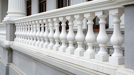 Fototapeta premium A white balustrade fence with decorative sphere finials extends across a lush garden with white flowers and green shrubs