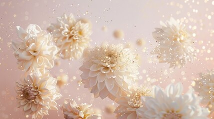 A close-up photo of white dahlias dusted with gold glitter suspended in midair against a pastel pink sky