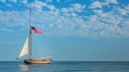 Fototapeta premium An American flag waving from a tall mast on a traditional wooden sailboat in a regatta.