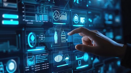 Obraz premium Hand interacting with digital interface, showing data, technology, and innovation.