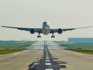 Airplane (takeoff sequence | landing approach) (wheels up | touchdown) (airport runway perspective).