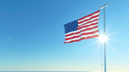 An American flag waving from a tall mast on a luxurious cruise liner during a clear, sunny day.