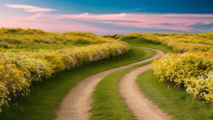 Scenic spring countryside with rolling green hills, blossoming trees, and a tranquil river