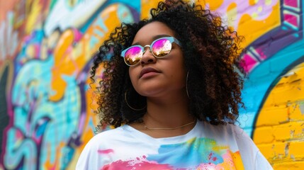 A close-up view of a young plus-sized woman wearing trendy oversized sunglasses and a colorful graphic t-shirt. She is standing against a vibrant urban graffiti wall