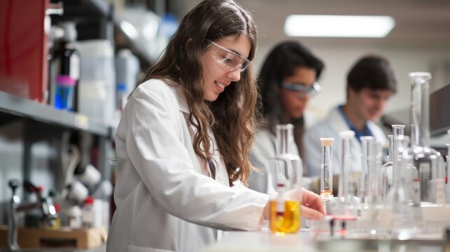 A female college student in a lab coat and safety goggles focuses intently on an experiment, while another student works in the background