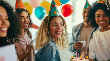 Obraz premium A young woman wearing a birthday hat is surprised by her friends and family who are holding signs and celebrating her birthday