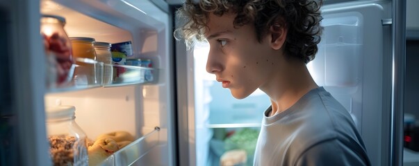 Teenage Boy Avoiding Fridge Food Highlighting Male Anorexia Awareness