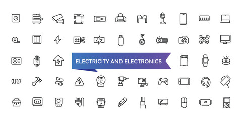 Electricity and Electronics Icon set with editable stroke collection for web and ui. Line icons pack. Vector illustration.