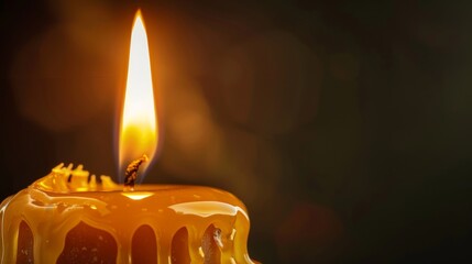 A close-up shot of a lit candle, with the wax melting and dripping down the sides of the holder. The flame is visible in the center of the image. Copy space is available on the right side