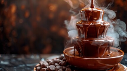 A close-up of a chocolate fountain with steaming melted chocolate cascading down its tiers. A pile of chocolate pieces is visible in the foreground, suggesting a delicious treat awaits