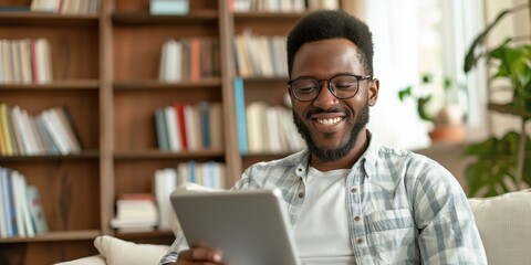A happy African American student smiles while reading and using a tablet for online learning at home.