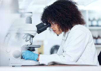 Woman, microscope and analysis research in lab, biochemist and innovation healthcare study with...