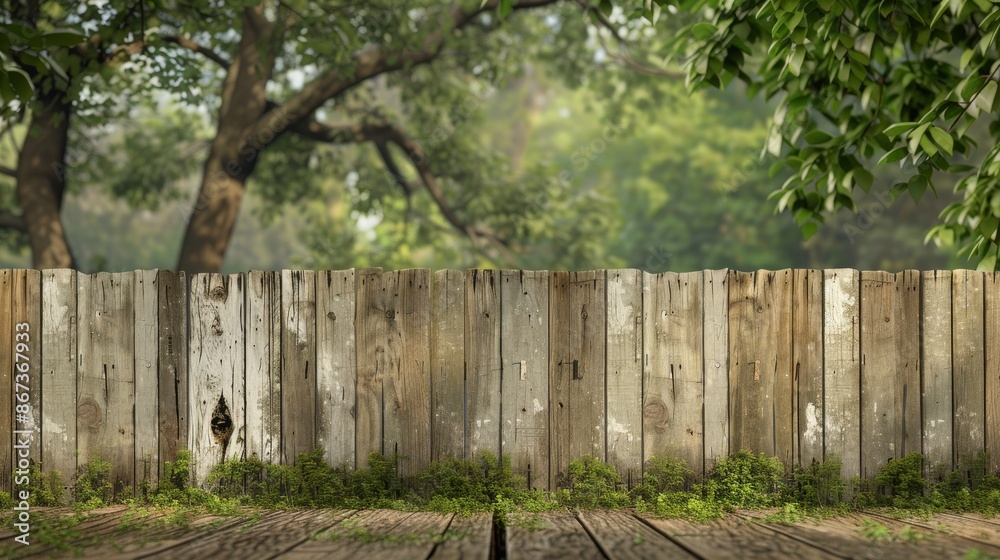 Poster a rustic wooden fence mockup with a blurred green background of trees and foliage. perfect for showc