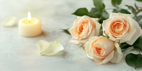 A romantic wedding bouquet with roses and petals, accented by burning candles.