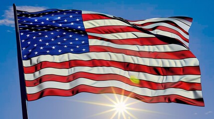 Obraz premium The American flag captured at a unique angle, its stars and stripes appearing to reach out against a bright, immaculate blue sky.